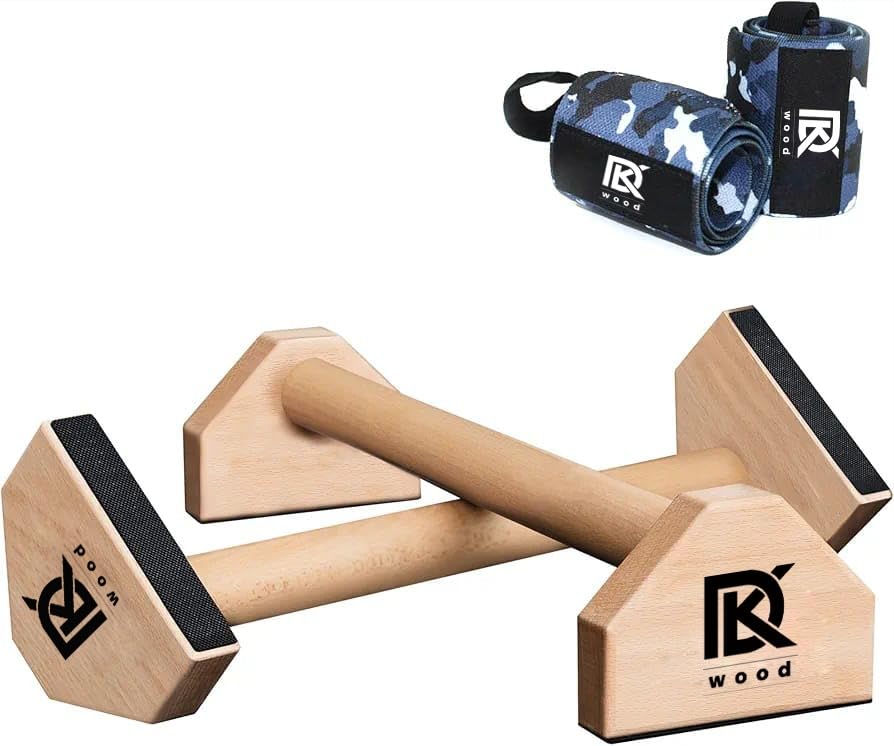DK WOOD Push Up Bar Calisthenics Equipment, Solid Wood Parallettes Bars SPECIAL FOR HOME GYM, Perfect Pushup Bar and Handstand Push Up Handles for Men and Women, Includes Wrist Wraps natural wood and light weight-image-29
