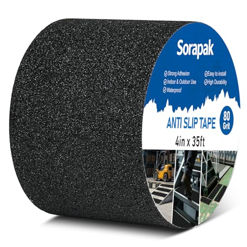 Image of Anti Slip Tape 4in x 35ft, Black 80 Grit Waterproof Non Skid Grip Tape Roll for Stairs, Steps, Ramps, Decks, Floors, Warehouses & Outdoor Use