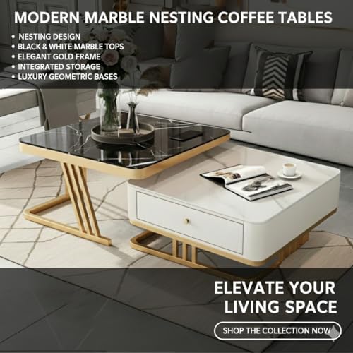 Image of Handmade Drawer Square 20 inchx20 inch Coffee Table /Nesting Table /Side Table /Center Table with Marble Finish Top for Living Room /Drawing Room (Black & White - Gold)