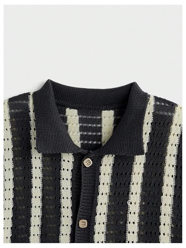 Men's Striped Crochet Summer Sweaters Vinatge Button Down Short Sleeve Cardigan Knit Tops4