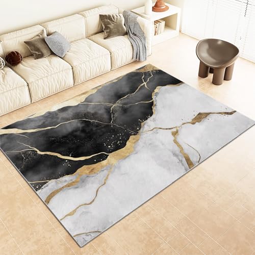 Tapis salon moderne marbre doré 180x240 antidérapant et lavable en machine