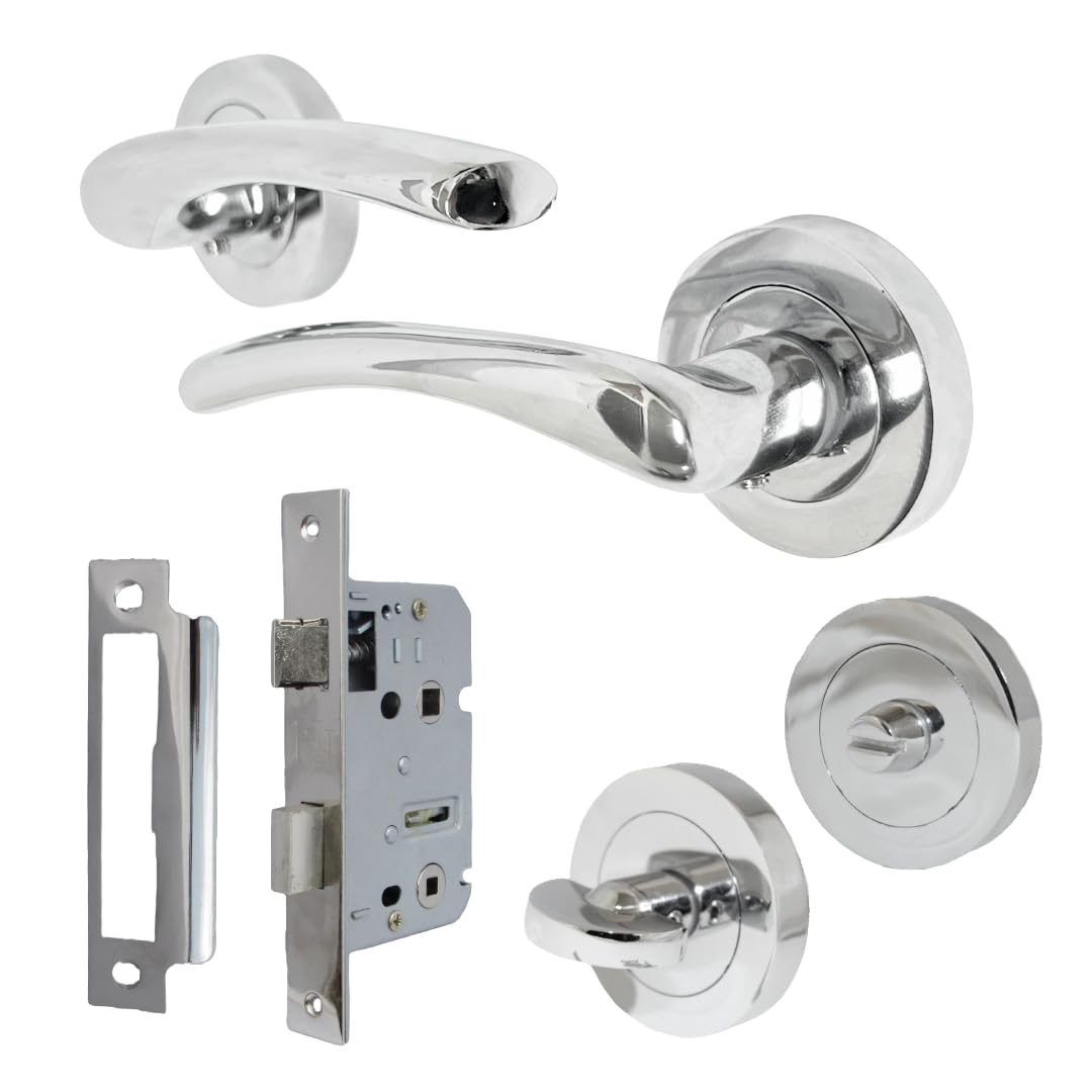 Epsom Door Handle Silver Zena Polished Chrome Lever On Rose Internal Door Handles 1 4 Or 6 Pairs Modern Chrome Door Handle Set With Optional 63Mm Tubular Latches (1 Pair Bathroom Handles Thumb Turn Lock)