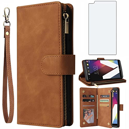 Asuwish Compatible with LG V20 Wallet Case Tempered Glass Screen Protector and Leather Flip Cover Card Holder Stand Cell Accessories TPU Kickstand Phone Cases for LGV20 LG20 V 20 ThinQ Women Men Brown
