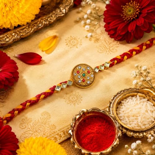 Image of 1 Pcs Elegant Handmade Lakh Rakhi for Bhaiya with Roli Chawal Traditional Floral Wristband Ethnic Rakshabandhan Thread for Bhaiya, Festive Bracelet Gift Set