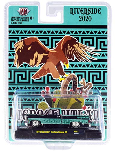 1973 Chevy Custom Deluxe 10 Pickup w/Bed Cover Black & Turquoise w/Graphics Riverside 2020 Ltd Ed 5500 pcs 1/64 Diecast Car by M2 Machines 31500-RZ01