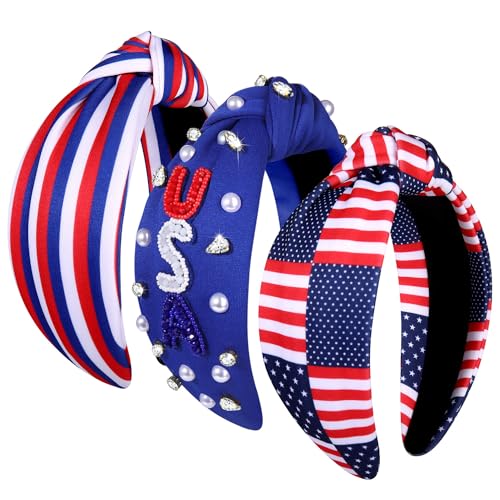 NVENF Rhinestone Pearl Jeweled Red Blue 4th of July Hairband - 3 PCS Knotted Headband for Women