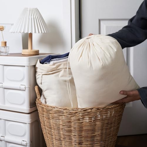 100 Percent Cotton Drawstring Bags, Reusable Quality with Double String, For Storage Pantry Wardrobe Shoes - Pack of 6 (Natural Beige, 14 x 17 Inch)3