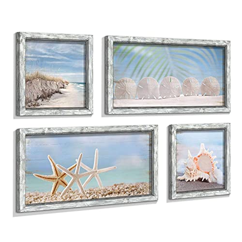 Starfish Prints Wooden Wall Art: Ocean Art Set Of 4 Seashell Pictures Collection Beach Framed Wall Decor For Bedroom Overall 36"W X 24"H #TOP16