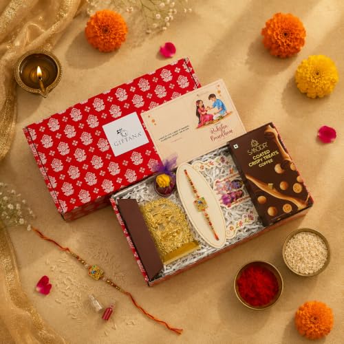 Image of Giftana Rakhi Gift Set for Brother with Radha Krishna Rakhi, Ganesh Ji and Laxmi Ji Idol, Raksha Bandhan Greeting Card Gift Set, Raksha Bandhan Gift Combo for Bhai & Bhaiya