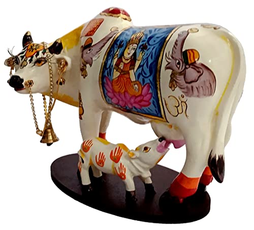 Purpledip Resin Idol Kamdhenu Wish Cow & Calf: Hindu Godess Lakshmi Mahalaxmi Painted Good Luck Statue (10103E) - Image 2