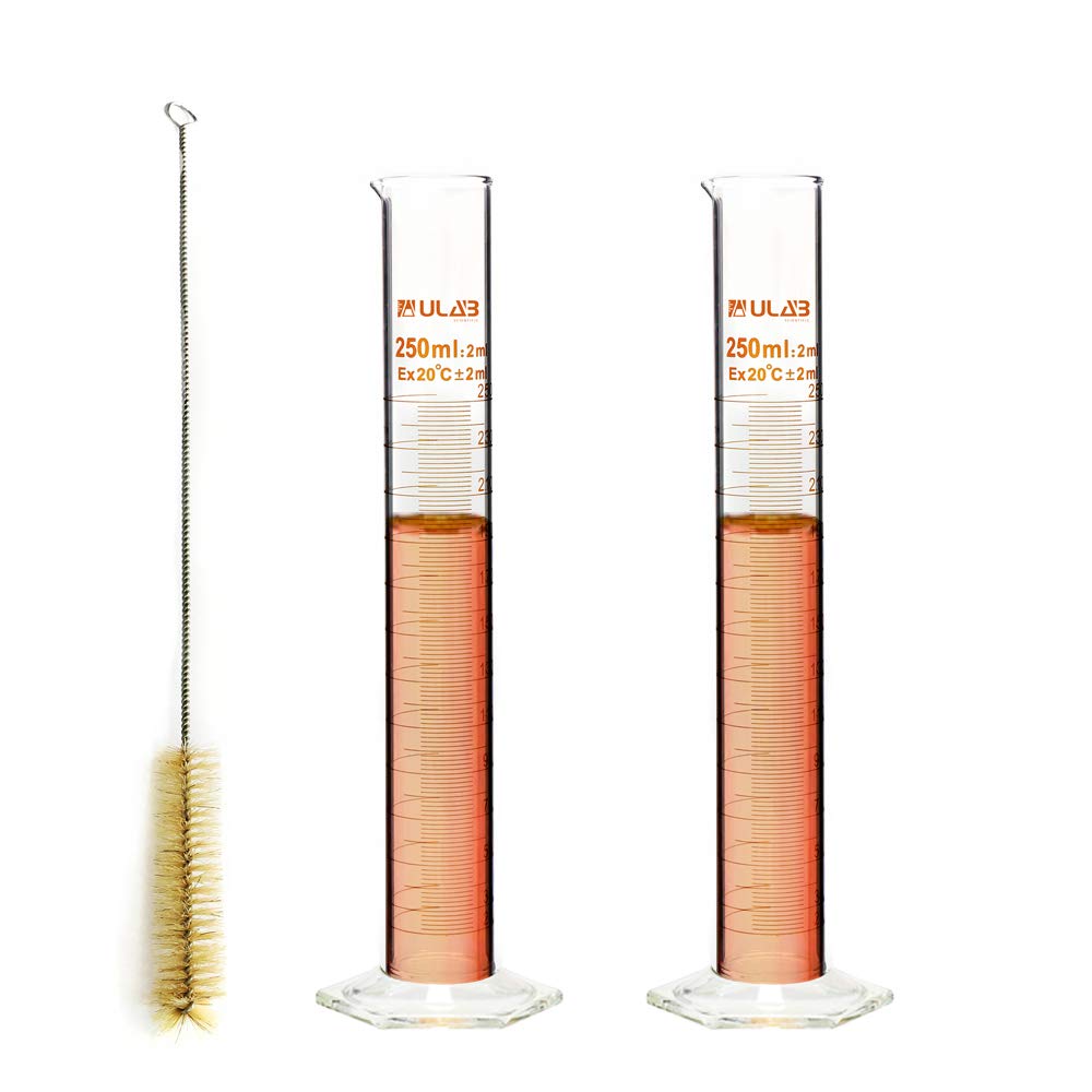 ULAB Scientific Glass Graduated Measuring Cylinder Set, 2pcs of 250ml Hexagonal Base Cylinders, Printed Graduations, with Tube Brush, UMC1004
