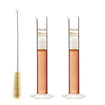 ULAB Scientific Glass Graduated Measuring Cylinder Set, 2pcs of 250ml Hexagonal Base Cylinders, Printed Graduations, with Tube Brush, UMC1004