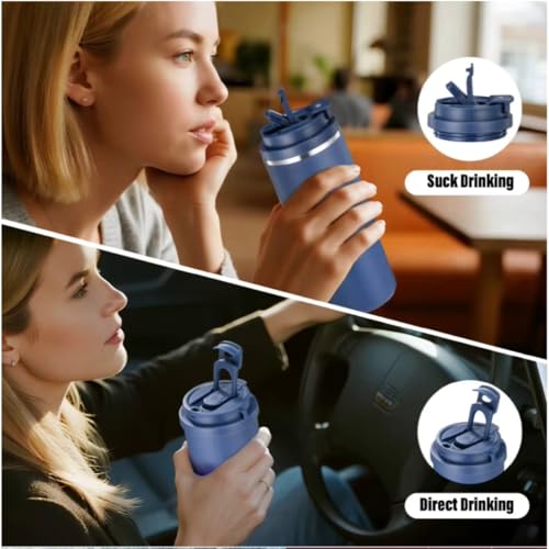 Image of Wosta 750 ml Stainless Steel Insulated Tumbler - Dual-Lid (Flip-Sip + Straw), Tea /Fruit Strainer, Leak-Proof Screw-On Lid, Silicone Straw & Hanging Belt. (Dark Blue)