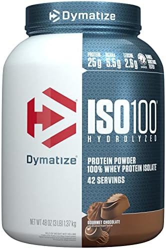 Dymatize ISO100 Hydrolyzed Protein Powder, 100% Whey Isolate Protein, 25g of Protein, 5.5g BCAAs, Gluten Free, Fast Absorbing, Easy Digesting, Gourmet Chocolate, 3 Pound
