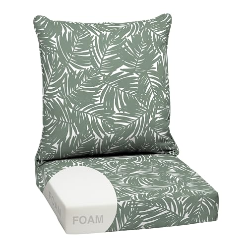 Arden Outdoor Foam Deep Seat Cushion Set, 24 in x 24 in, Weather-Proof, Rain-Proof, Fade Resistant Patio Cushion, Bottom and Back Cushion for Chair, Sofa, and Couch Sage King Palm