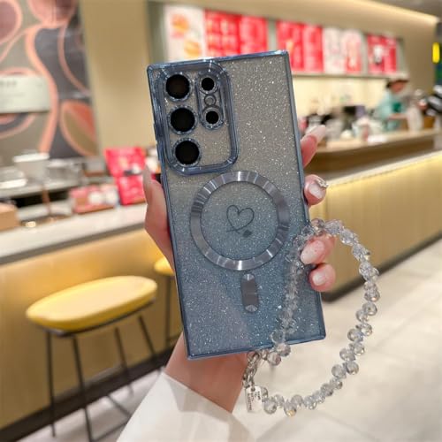 Coque Samsung S22 Ultra en fibre de carbone bleu, étui haut de gamme à cordon magnétique