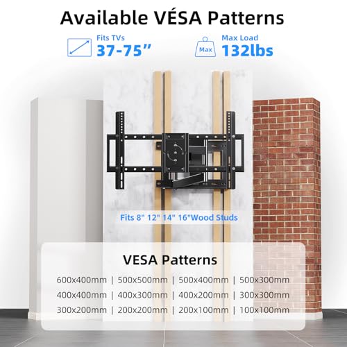 Image of Long Arm TV Wall Mount with 180Swivel and Tilt +5 /-20 Level Adjustment, TV Bracket Screen with Rotates 90 for TVs 37-75 Inches,Fits 8 inch-16 inch Wood Studs,Hold up 132LBS,Max VESA 600x400mm