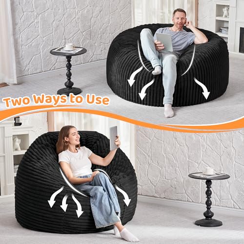 Image of HABUTWAY 4FT Bean Bag Chair, 4' Large Bean Bag Chairs for Adults with Removable Stripe Plush Cover, Memory Foam Beanbag Chair for Living Room Bedroom Dorm (Black)