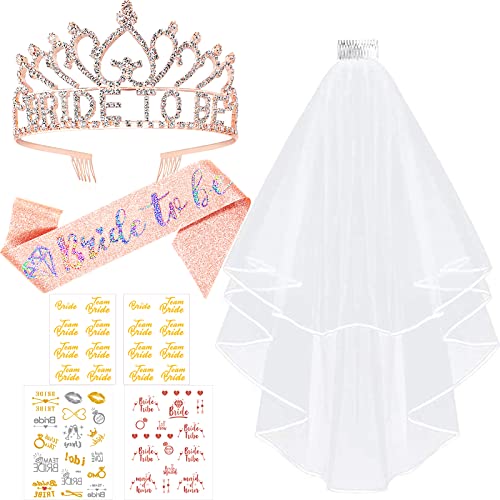 EVJF Accessoire,Enterrement de Vie de Jeune Fille,Kit EVJF avec Future Mariée Or Rose Brillante Echarpe,4PCS Tatouage avec Équipe Brides et La Mariée,Voile,Strass Diadème,Idée Cadeau EVJF pour EVJF