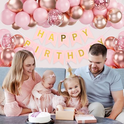 Image of Rose Gold Birthday Balloon Arch Garland Kit, 100Pcs Rose Gold Confetti Balloons, Pre-Strung Happy Birthday Banner, Elegant Party Decor for Women, Girls, Baby, Kids, Adults