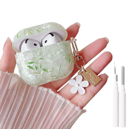 Image of MINSCOSE for Cute Glitter AirPods 4 Clear Case,Shell Pattern Pretty Flower Aesthetics Design with Girly Floral Keychain,Soft TPU Protective Cover with Cleaner Kit for Girls Women for AirPods 4-Green