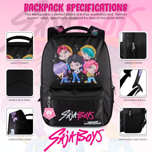 Image of AI ACCESSORY INNOVATIONS K-Pop Demon Hunters Chibi Saja Boys 16 inch Backpack for Girls, Featuring Jinu, Abby, Mystery, Romance, & Baby, Saja Rubber Molded Bag Charm, Saja Boys