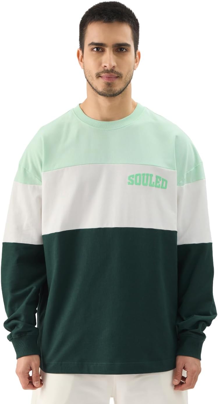 Jasper Men and Boys Round Neck Green and White Colorblock Full Sleeve Oversized T-Shirts Oversized Men's T-Shirts Solid Tees Casual Fashion Relaxed Fit Full Sleeves Round Neck