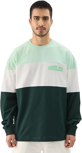 The Souled Store Jasper Men and Boys Round Neck Green and White Colorblock Full Sleeve Oversized T-Shirts Oversized Men's