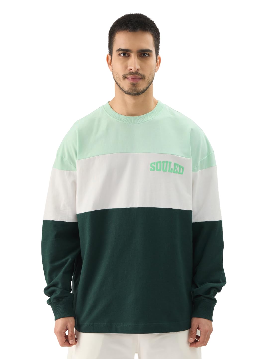 The Souled Store Jasper Men and Boys Round Neck Green and White Colorblock Full Sleeve Oversized T-Shirts Oversized Men's ...