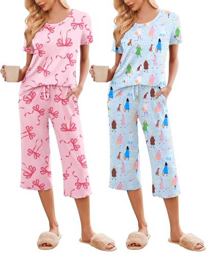 Image of Ekouaer 2 Pack: Women's Pajamas Set Short Sleeve Sleepwear Capri Pants Pjs Soft Loungewear with Pockets