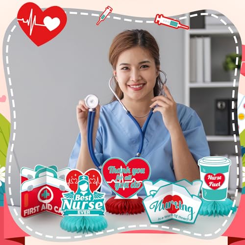 Image of 12 Pcs Nurses Week Decorations 2026 Nursing Party Decorations Honeycomb Centerpieces Nurses Appreciation Week Table Toppers for Nursing Graduation Party Supplies CNA /CRNA /RN