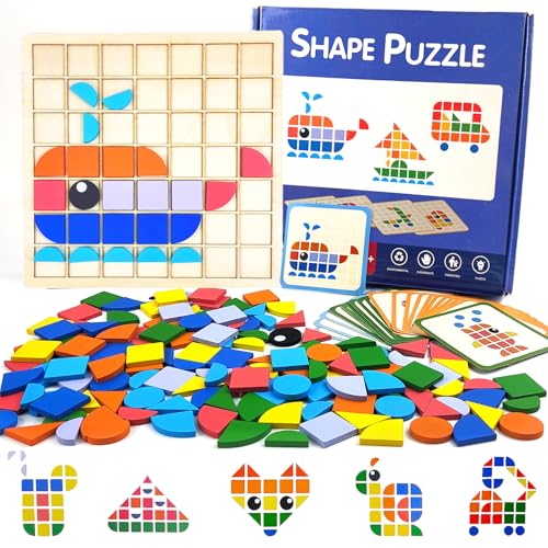 Guopai 140 Pièces Tangram en Bois Enfant, Puzzle Mosaïque Créatif avec 20 Cartes de Conception,...