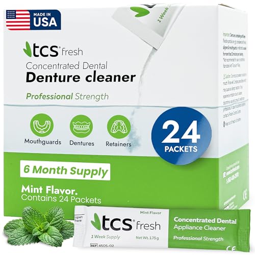 TCS Fresh Denture Cleaner – Professional Strength Concentrated Cleanser Mint Powder for Dental Cleaning – For Dentures, Night Guards, Aligners & Retainer Cleaner – 24 Packets (6 Month Supply)
