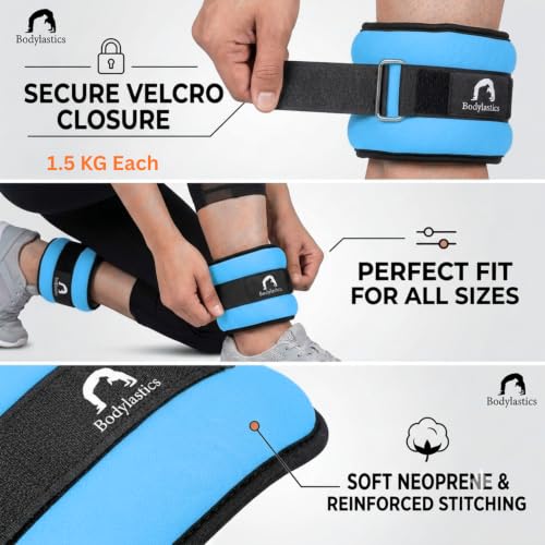 Image of Bodylastics Ankle & Wrist Weights Pair for Legs & Arms, Neoprene Adjustable Strap for Men & Women, Soft & Durable for Fitness, Walking, Jogging, Aerobics, Gym & Strength Training