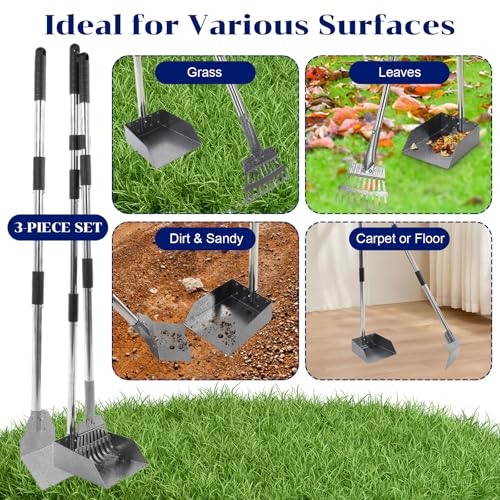 Image of 3 Pcs Dog Pooper Scooper Tray Shovel & Rake Kit, Heavy Duty Dog Poop Scooper with Adjustable Metal Long Handle, Portable Large Dogs Poop Picker Upper for Yard, Walks, Grass & Garden Leaves