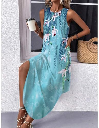 Image of Zeagoo Women Floral Summer Casual Beach Printed Tank Dress with Pockets Pleated Front Long Dress