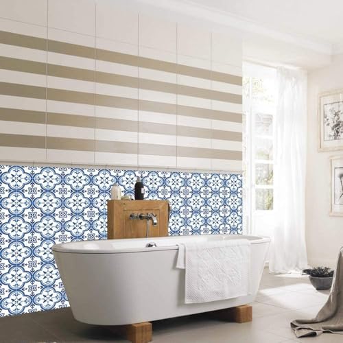 Image of Moroccan Tile Stickers | Waterproof Self Adhesive Peel & Stick Tile Decals for Kitchen Backsplash, Bathroom Wall, Floor, Furniture & Glass (4x4 Inch, Design 76)
