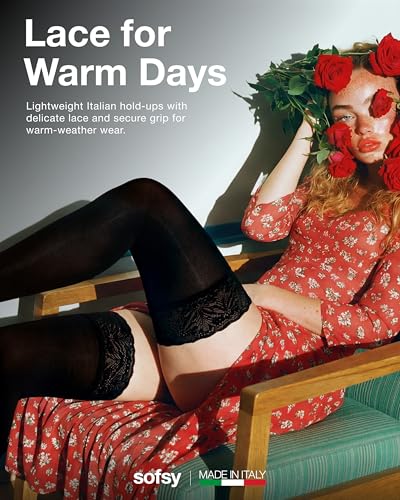 Image of sofsy 100% OEKO-TEX Certified - Italian Women's Opaque Thigh High Stockings | Ultra Soft Dual Silicone Lace Top Stay Ups