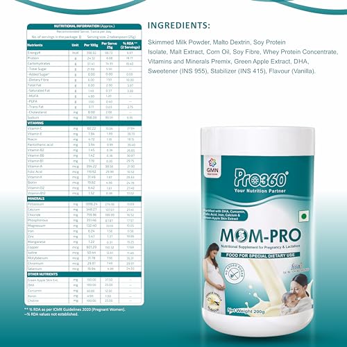 Image of Pro360 MOM-Pro Protein Powder Nutritional Supplement for Pregnant & Lactating Women - Complete Maternal Nutrition during Pregnancy - French Vanilla Flavor - 200G