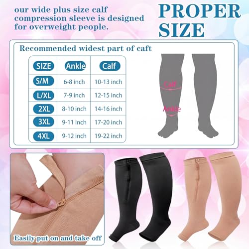 Image of Hillban 2 Pair 15 - 25 Mmhg Wide Plus Size Calf Zipper up Compression Socks for Women Men(XL,Nude)