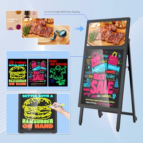 Image of Digital Signage Kiosk and LED Message Writing Board 2 in 1, 21.5 inch LCD 1080p Digital Menu Board Android OS, 8-Hour Battery Portable Standing Advertising Display for Restaurant /Cafe /Retail /Bar