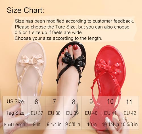 Image of Studded Jelly Shoes for Womens Bow Flip Flops Jellies Sandals Flat Black Summer Beach Thong with Rivets Strappy Slides Slip On