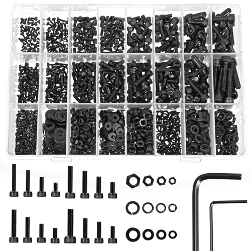 1760 Piece M2 M3 M4 M5 Metric Screw Assortment Nuts and Bolts Assortment Kit Grade 12.9 Alloy Steel Hex Socket Head Cap Bolts and Nuts Kit, Black Zinc Plated Screw Set Includes 4 Hex Wrenches