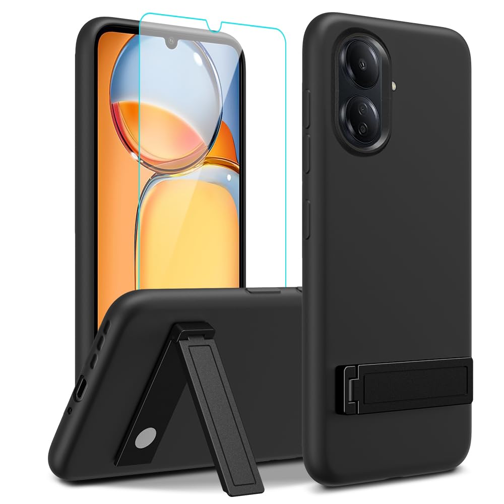 Case for Xiaomi Redmi 13C 4G (Not 5G) Phone Case with Glass Screen Protector, [3 Stand Ways] Metal Kickstand / Stand Silicone TPU Shockproof