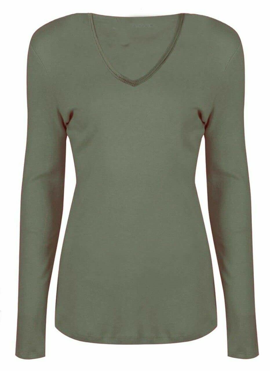 Wearall Women's Khaki New V Neck Stretch Long Sleeve Top 8/10