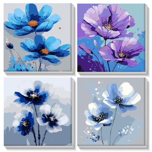 AIRDEA 4 pièces Symphonie Florale Peinture Numero adulte et enfants avec cadre, 4 pièces acrylique facile sur toile pour débutants, Peinture par Numero Adulte 20x20 cm