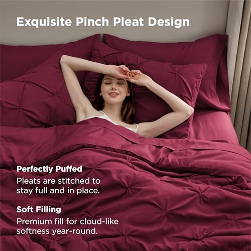 Image of Bedsure Queen Comforter Set Dark Red - Bed in a Bag Queen Size Bedding 7 Pieces, GentleSoft Pintuck Bed Set Gift for Family, All Season Down Alternative Comforter with Sheets, Pillowcases & Shams