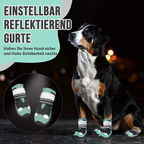 Eyein Hundeschuhe Pfotenschutz, 2 Stück atmungsaktiv Hundeschuhe mit Rutschfester Sohle und reflektierendem Klettverschluss für kleine, mittlere und große Hunde, Sport im Freien, Grün, Größe 4