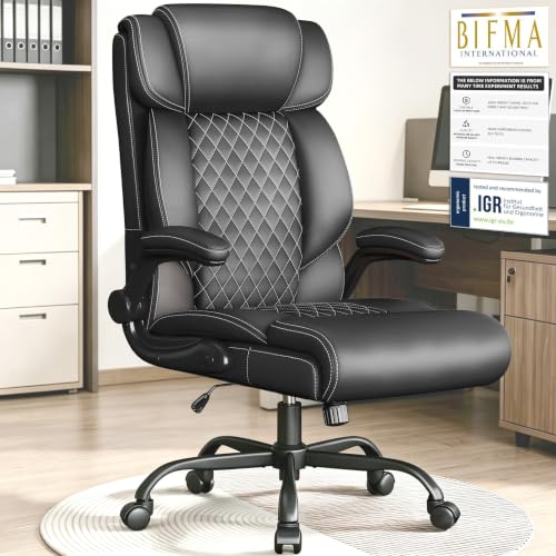 Image of Office Chair-Big and Tall Office Chair,Executive High Back Breathable Flip-up Armrests Lumbar Support-Ergonomic Leather Rolling Swivel Chair with Rock Function for Working Studying Gaming,Black