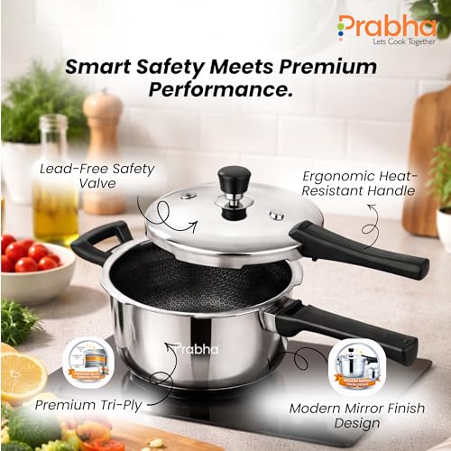 Image of Prabha Stainless Steel Pressure Cooker Outer Lid 6 Litre Tri-Ply Hexa Cube Non-Stick Manual Kitchen Cookware ISI Certified for Gas & Induction